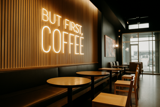 Warm white "But First Coffee" Neon Sign in Perth Coffee shop