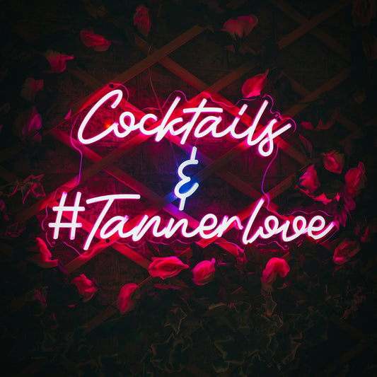Red and blue LED Neon Sign saying "Cocktails & Tannerlove" inside Tannerlove Bar in Brisbane
