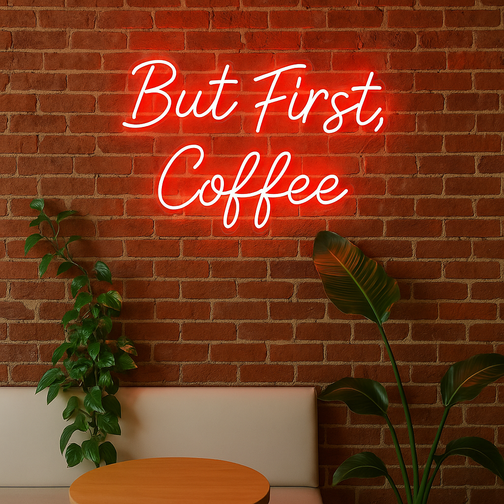 Red custom neon sign reading “But First, Coffee” inside a Melbourne café.