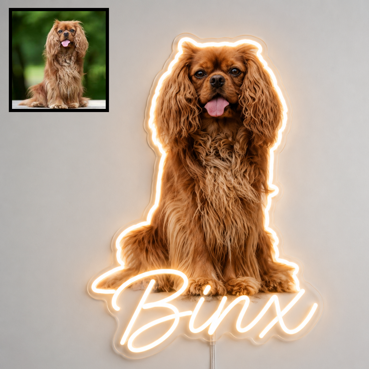 Custom Cavalier King Charles Spaniel LED neon sign with personalised dog name on clear acrylic