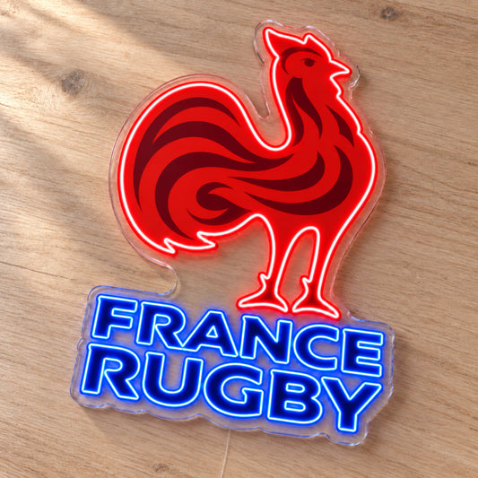 France Rugby LED Neon Sign, featuring team logo displayed on a wooden surface.