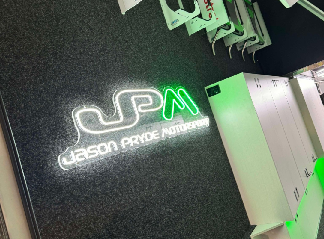 White and Green LED Neon Sign saying JPM Motorsport Perth