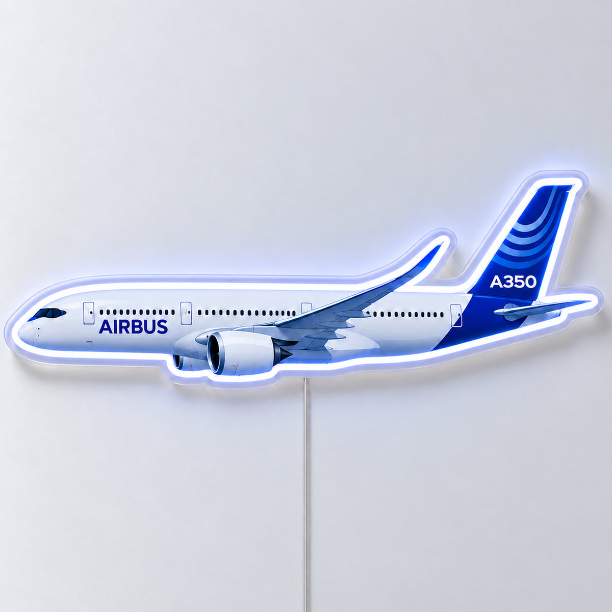 Airbus A350 Neon Sign with printed aircraft details and an illuminated LED outline on clear acrylic, shown from the front on a white surface