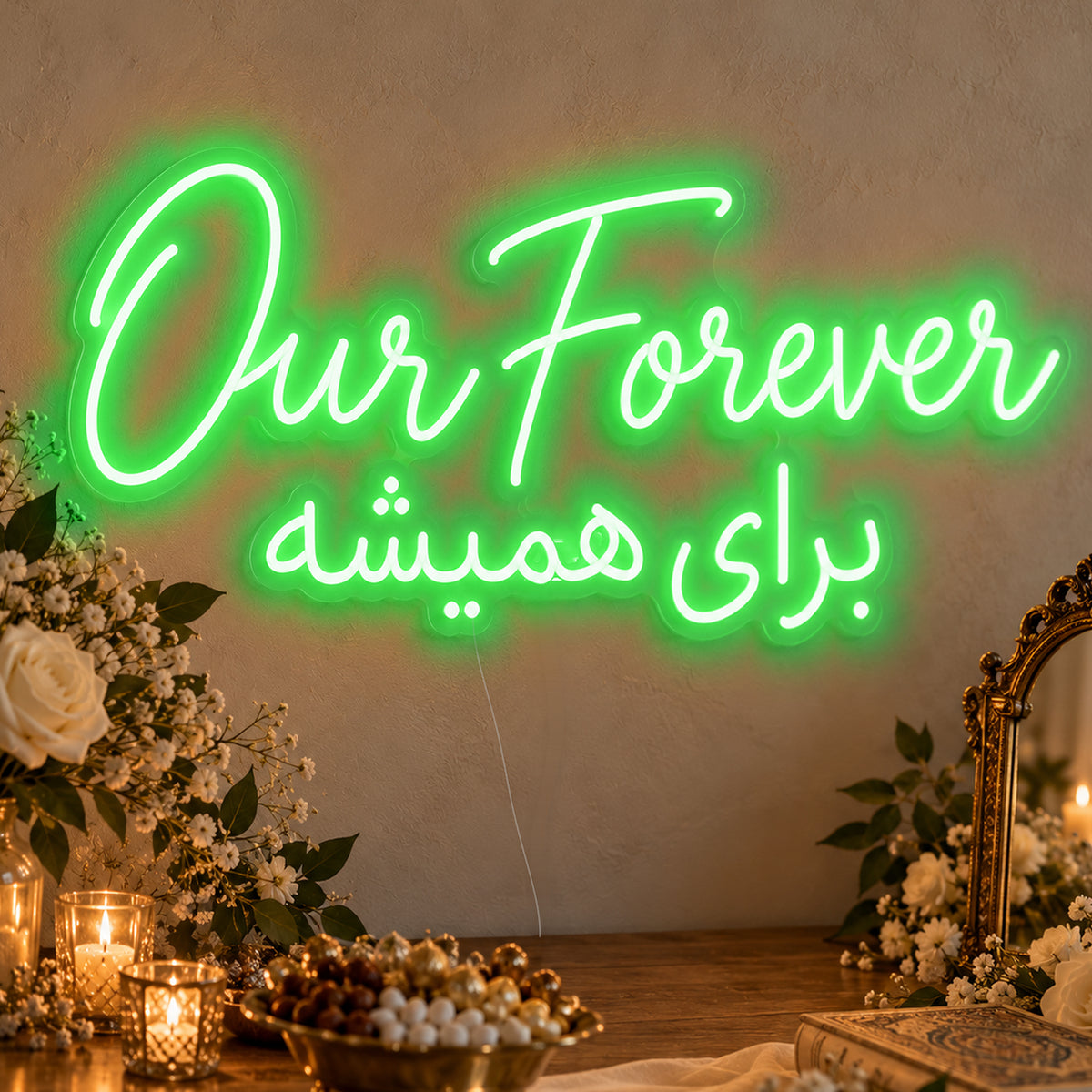 Our Forever English & Persian Neon Sign in green LED neon on clear acrylic, angled view
