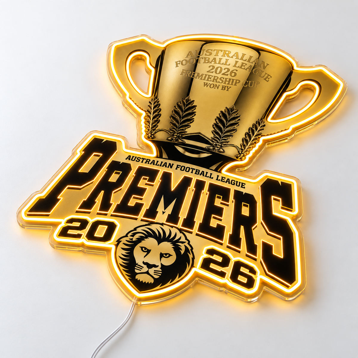 Brisbane Lions Premiers 2026 Neon Sign on a white surface from a three-quarter angle