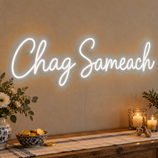 Chag Sameach Neon Sign in white LED neon on clear acrylic, angled view