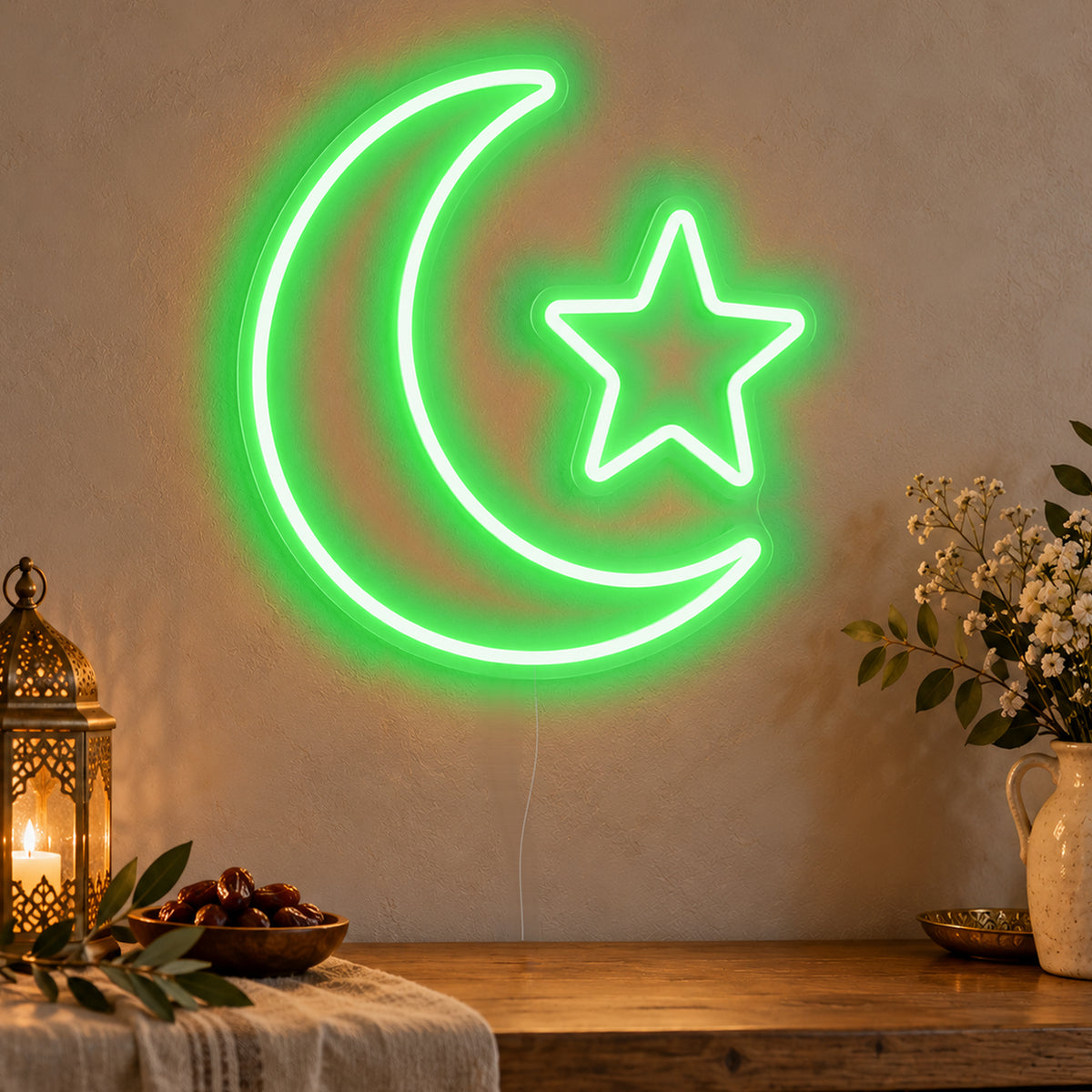 Crescent Star Neon Sign in green LED neon on clear acrylic, angled view