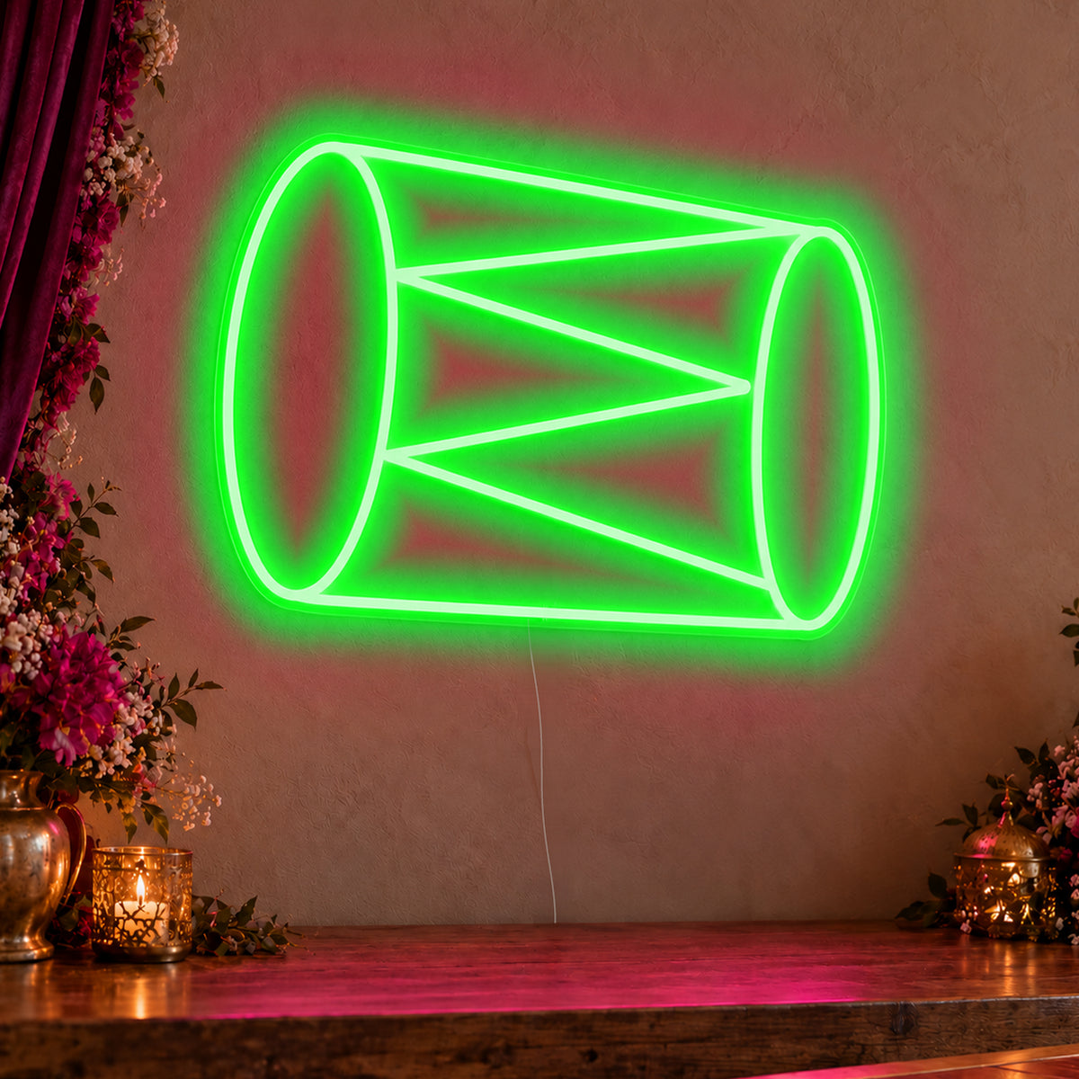 Dhol Drum Neon Sign in green LED neon on clear acrylic, angled view