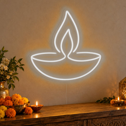 Diya Lamp Neon Sign in white LED neon on clear acrylic, angled view