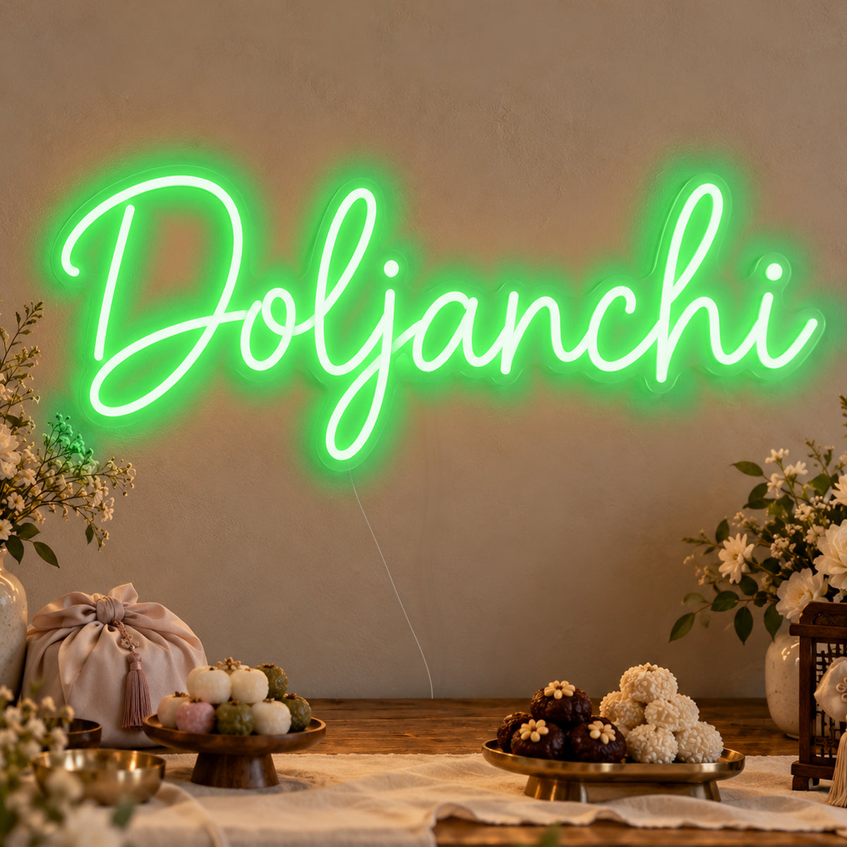Doljanchi Neon Sign in green LED neon on clear acrylic, angled view