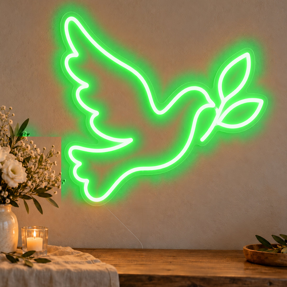 Dove Neon Sign in green LED neon on clear acrylic, angled view