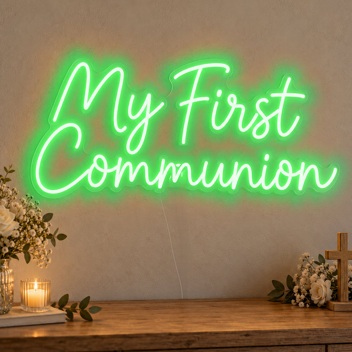First Communion Neon Sign in green LED neon on clear acrylic, angled view