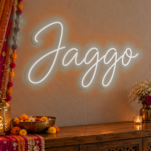 Jaggo Neon Sign in white LED neon on clear acrylic, angled view