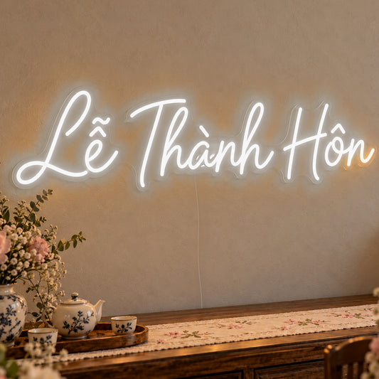 Lễ Thành Hôn Neon Sign in white LED neon on clear acrylic, angled view