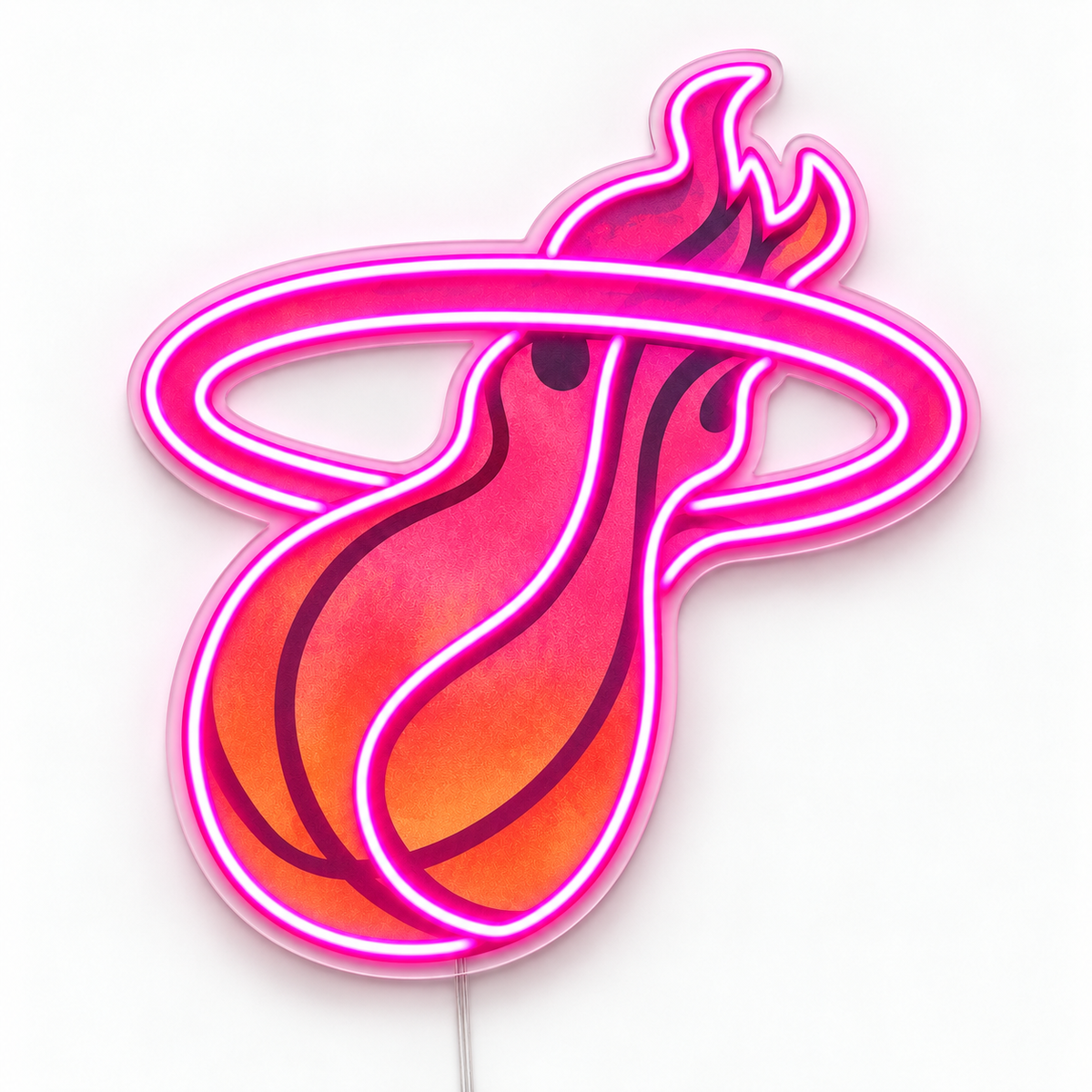 Miami Heat Pink Flaming Basketball Neon Sign – A pink flaming basketball and hoop design with pink LED neon outlines and sunset-coloured printed artwork.