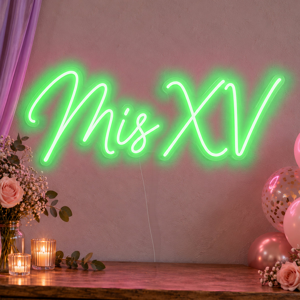 Mis Xv Neon Sign in green LED neon on clear acrylic, angled view
