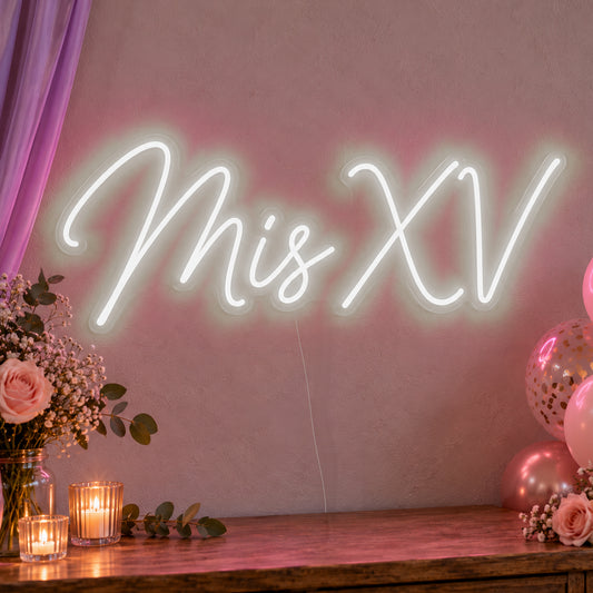 Mis Xv Neon Sign in white LED neon on clear acrylic, angled view