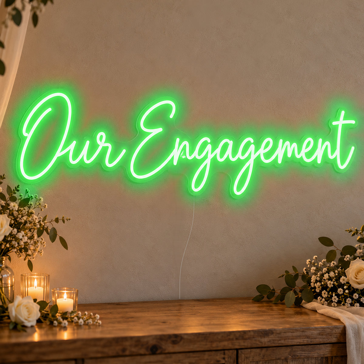 Our Engagement Neon Sign in green LED neon on clear acrylic, angled view