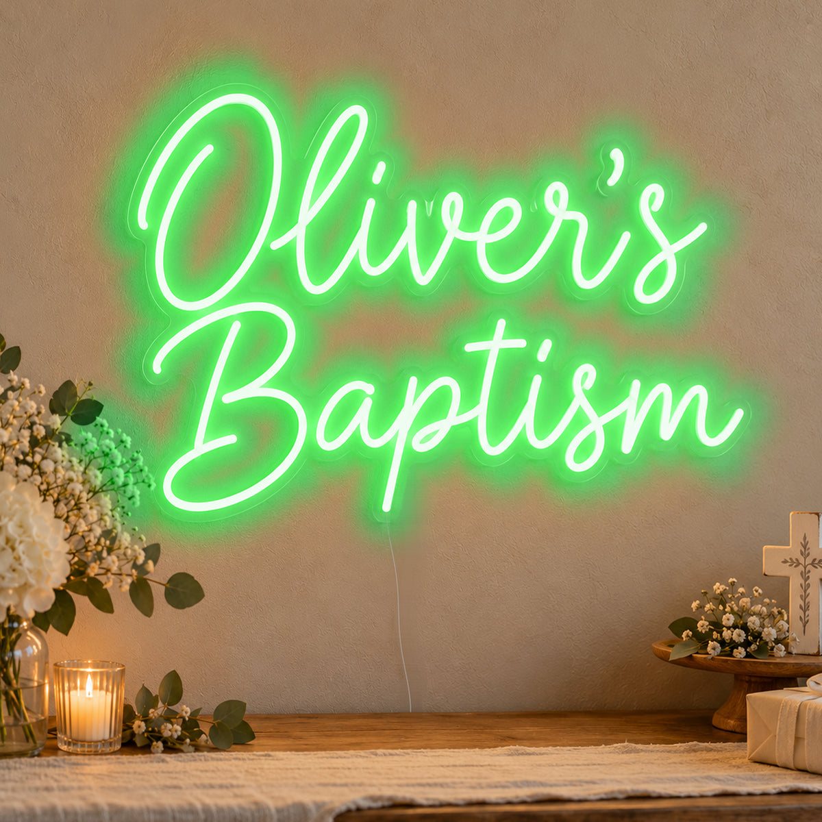 Personalised Baptism Neon Sign in green LED neon on clear acrylic, angled view