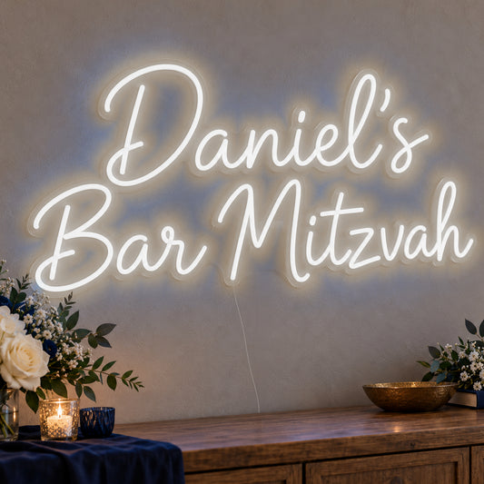 Personalised Bar Mitzvah Neon Sign in white LED neon on clear acrylic, angled view