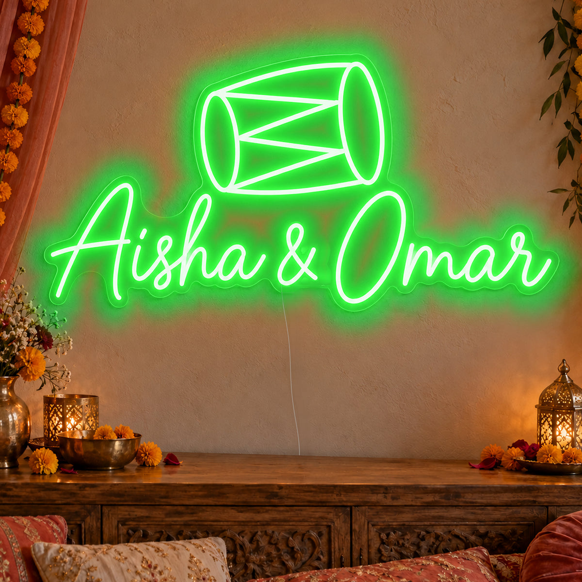 Personalised Dholki Drum Neon Sign in green LED neon on clear acrylic, angled view
