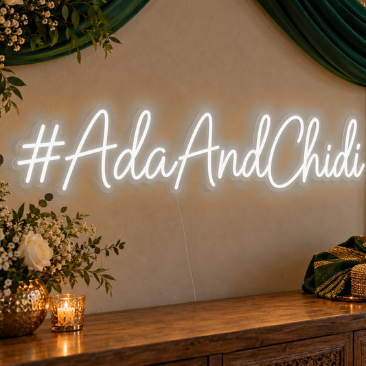 Personalised Wedding Hashtag Neon Sign in white LED neon on clear acrylic, angled view