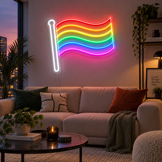 Pride Neon Sign in rainbow colours, featuring a waving Pride flag outline above a sofa.