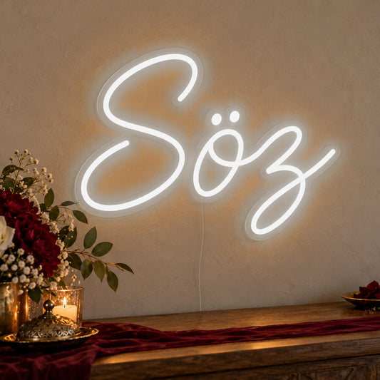 Söz Neon Sign in white LED neon on clear acrylic, angled view