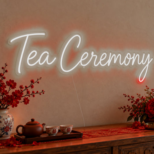 Tea Ceremony Neon Sign in white LED neon on clear acrylic, angled view