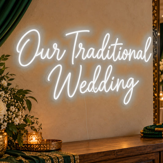 Traditional Wedding Neon Sign in white LED neon on clear acrylic, angled view