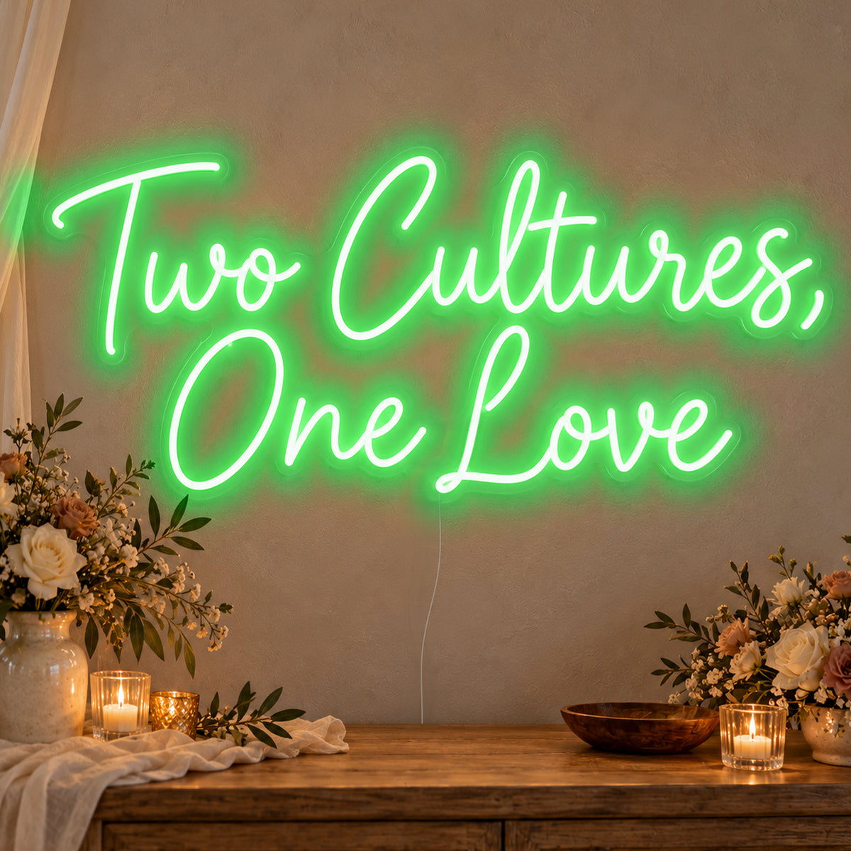 Two Cultures One Love Neon Sign in green LED neon on clear acrylic, angled view