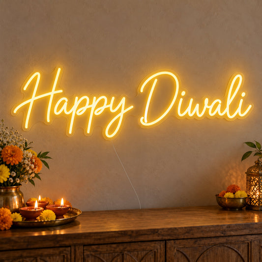 Happy Diwali Neon Sign on clear cut-to-shape acrylic, illuminated on a wall in a styled celebration setting