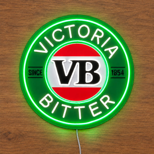 Victoria Bitter LED Neon Sign, featuring illuminated beer-brand logo on a wooden surface.