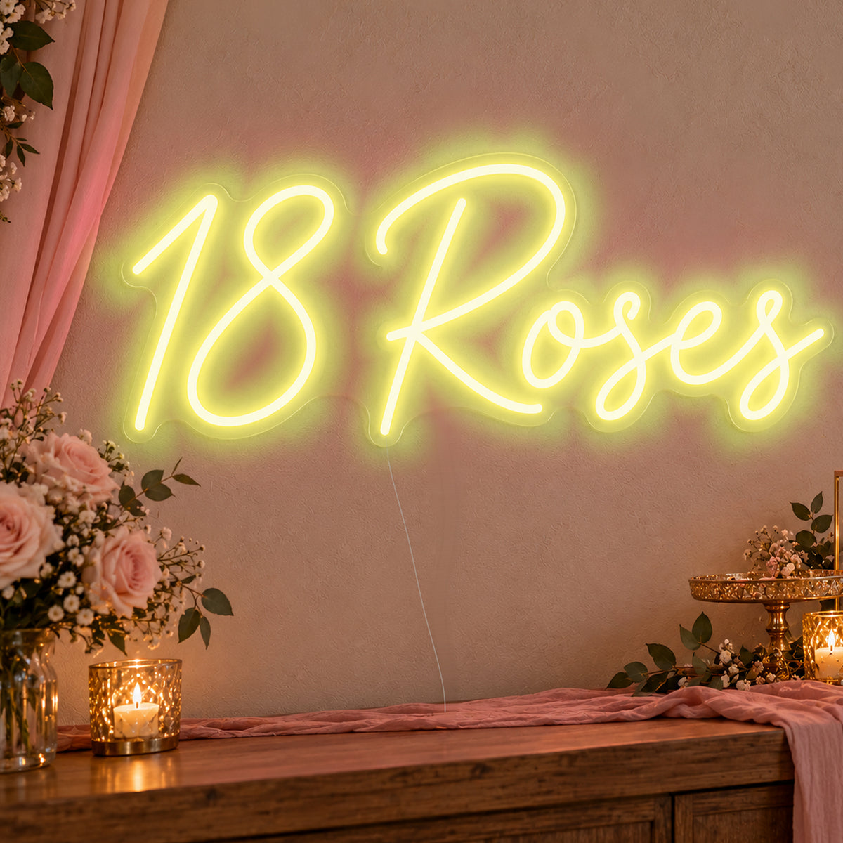 18 Roses Neon Sign in yellow LED neon on clear acrylic, angled view