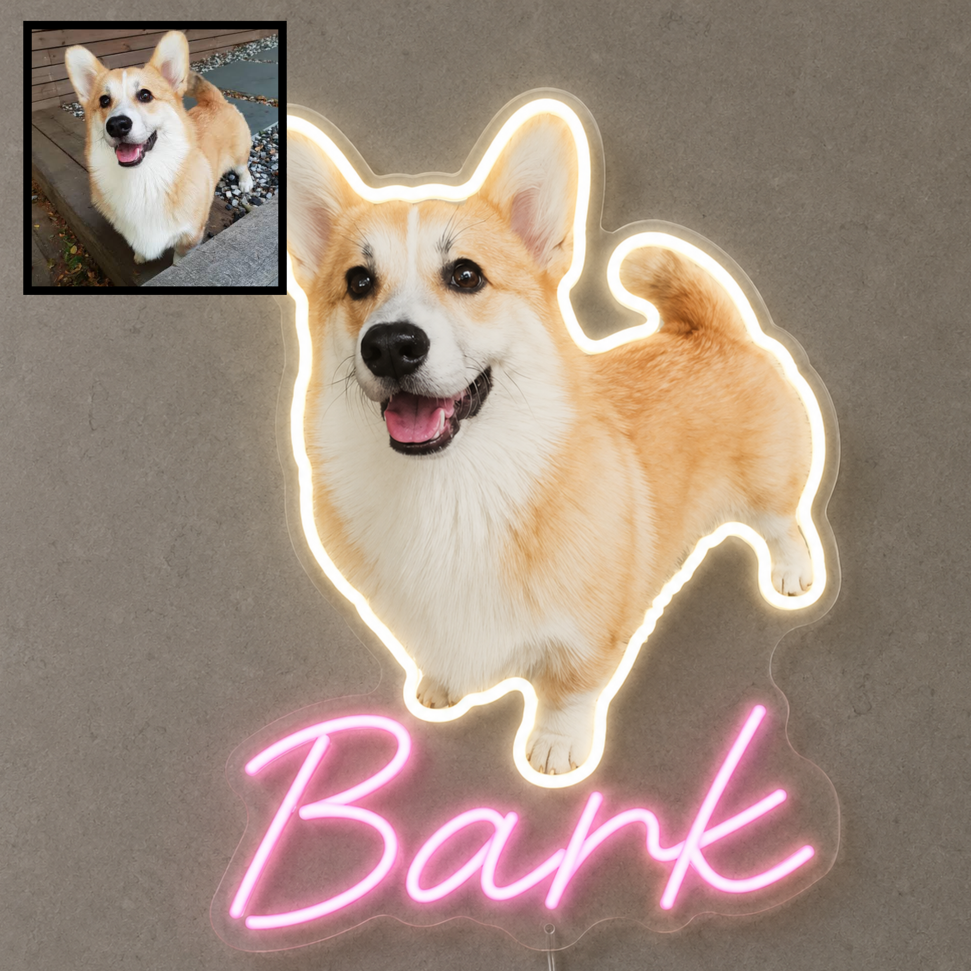 Custom Corgi LED neon sign with personalised dog name on clear acrylic