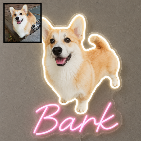 Custom Corgi LED neon sign with personalised dog name on clear acrylic