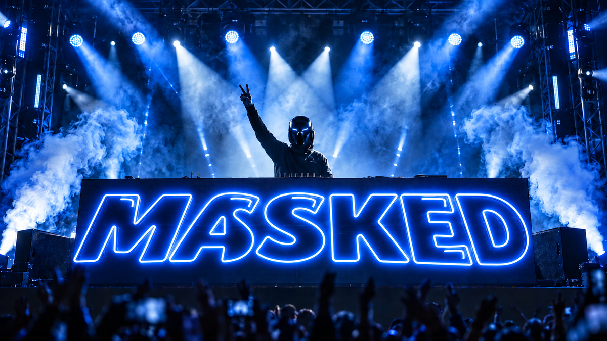 A large neon sign reading "MASKED" in glowing blue letters on a stage, with a silhouetted person standing behind it and smoke and stage lights in the background.