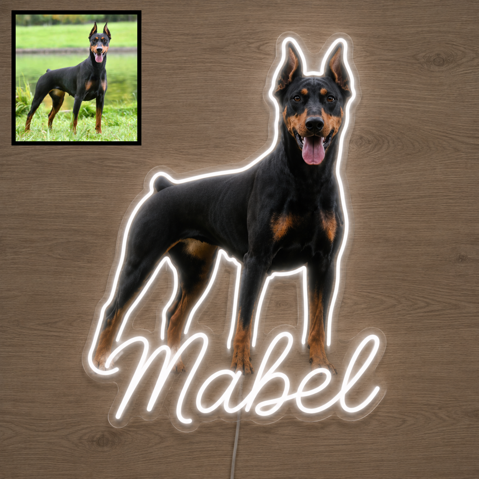 Custom Doberman LED neon sign with personalised dog name on clear acrylic