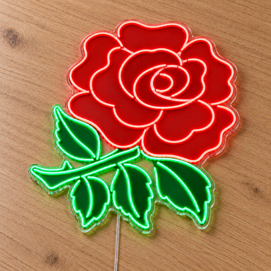 England Rugby LED Neon Sign, featuring team logo displayed on a wooden surface.