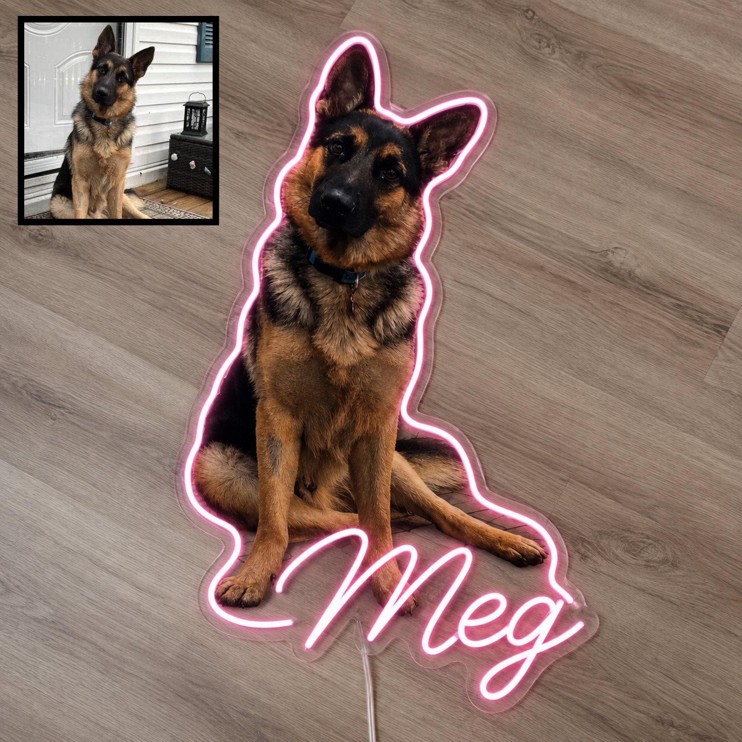 Custom German Shepherd (Alsatian) LED neon sign with personalised dog name on clear acrylic