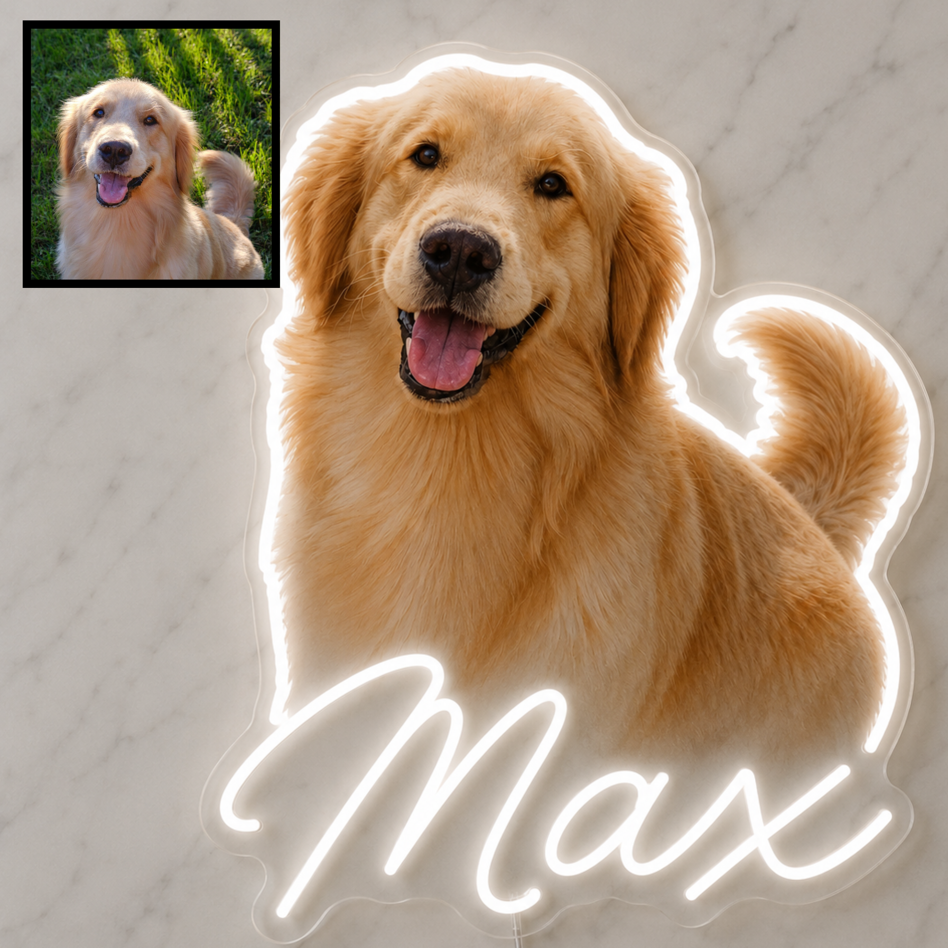 Custom Golden Retriever LED neon sign with personalised dog name on clear acrylic