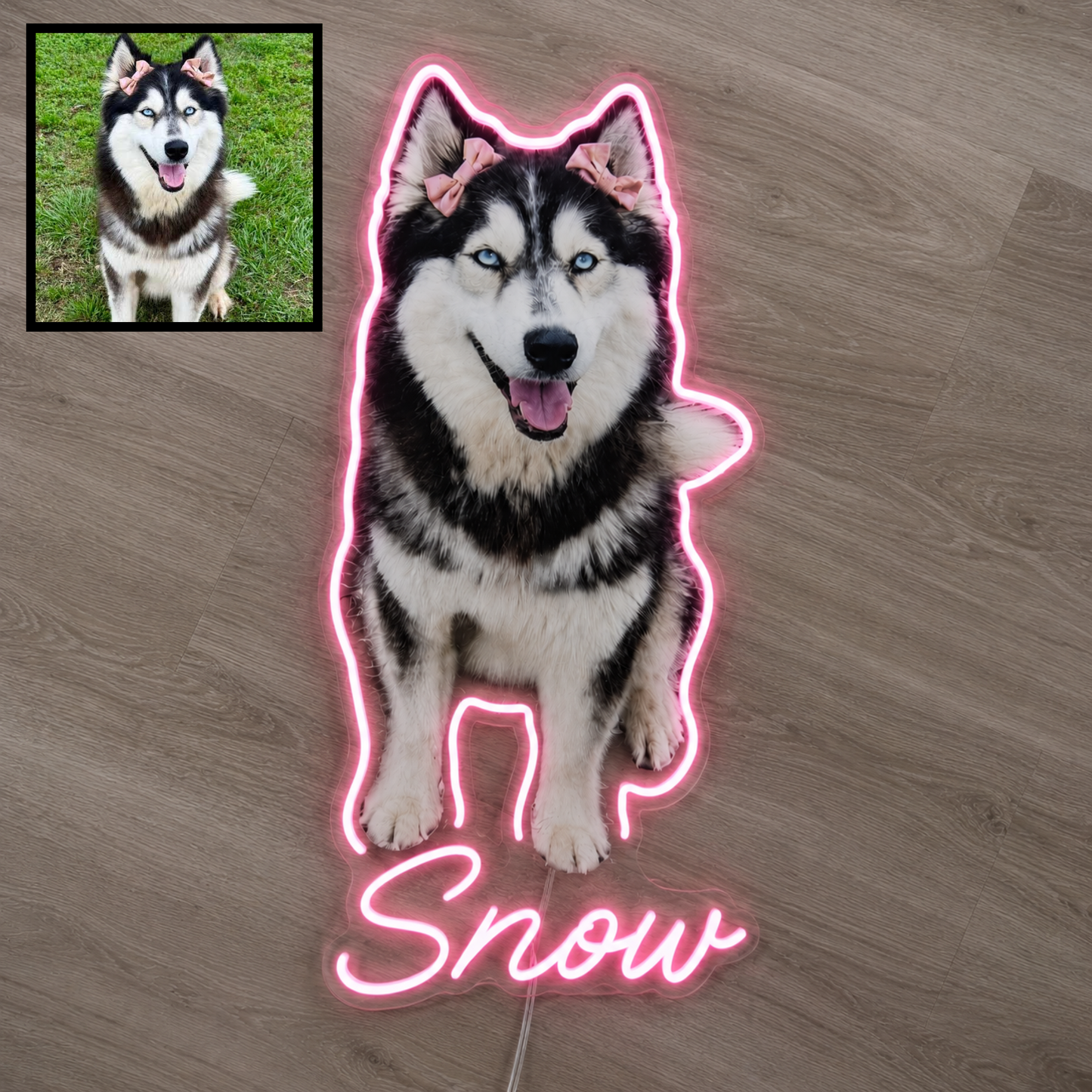 Custom Husky LED neon sign with personalised dog name on clear acrylic