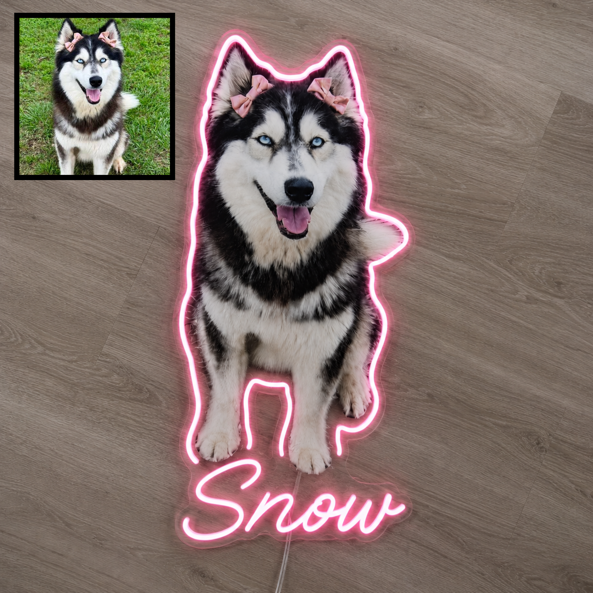 Custom Husky LED neon sign with personalised dog name on clear acrylic