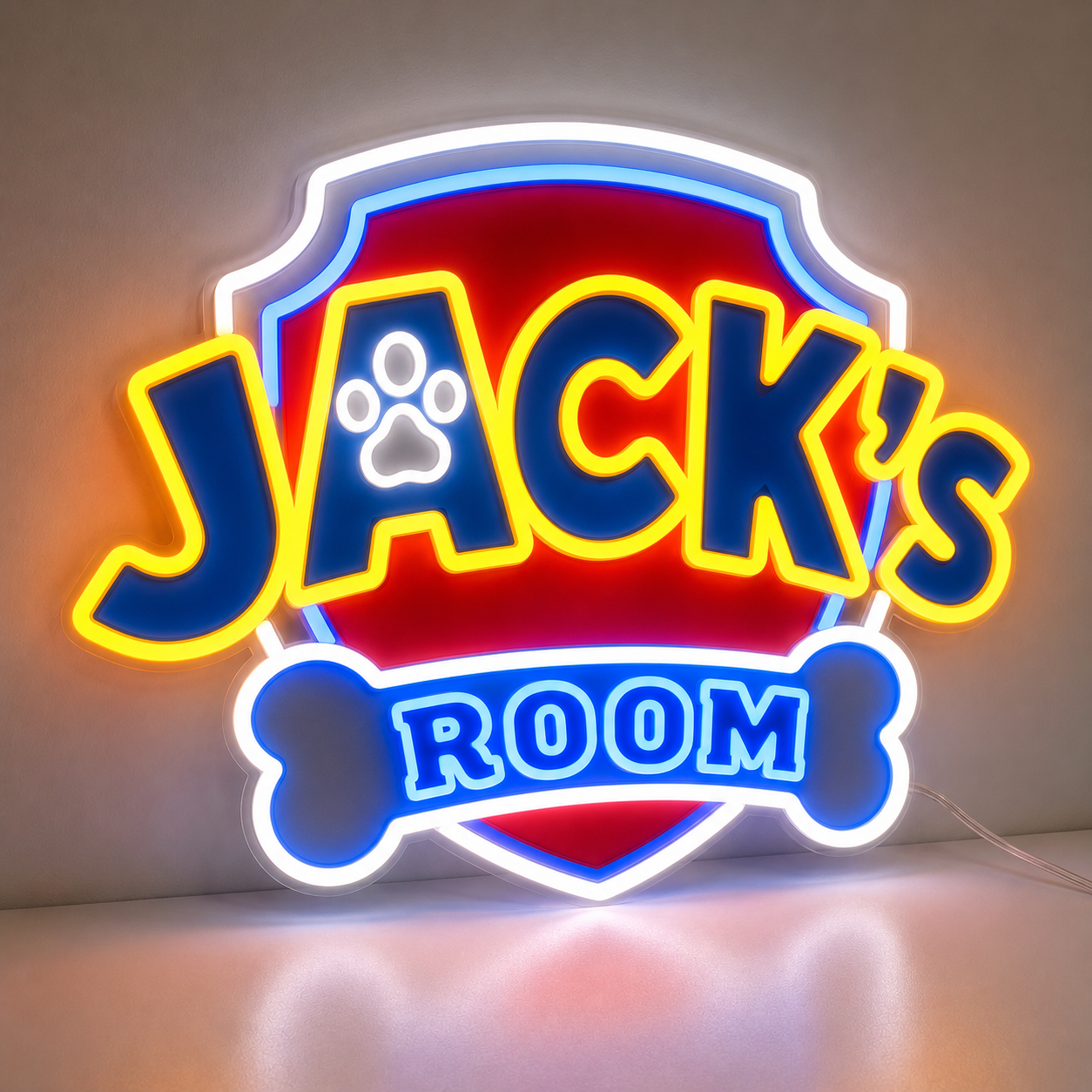 Personalised Paw Patrol name neon sign with rescue pup themed artwork