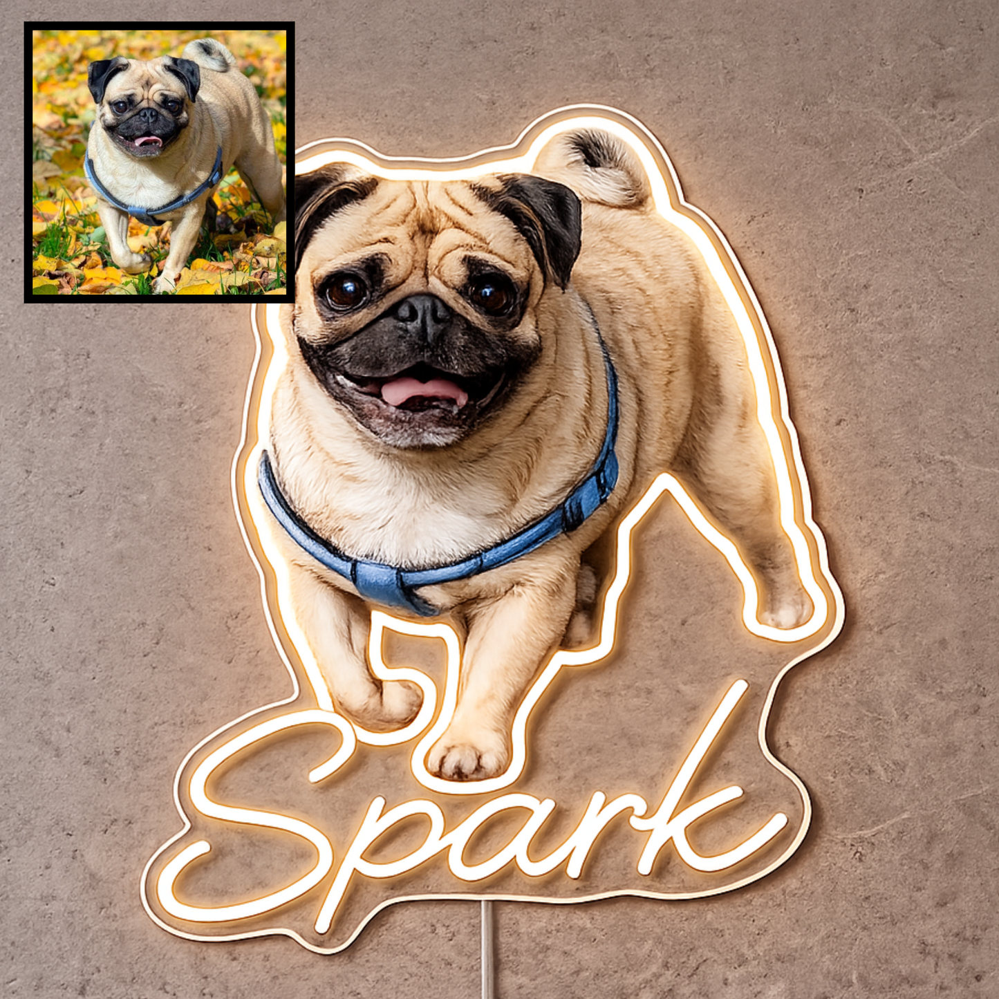 Custom Pug LED neon sign with personalised dog name on clear acrylic