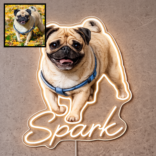 Custom Pug LED neon sign with personalised dog name on clear acrylic