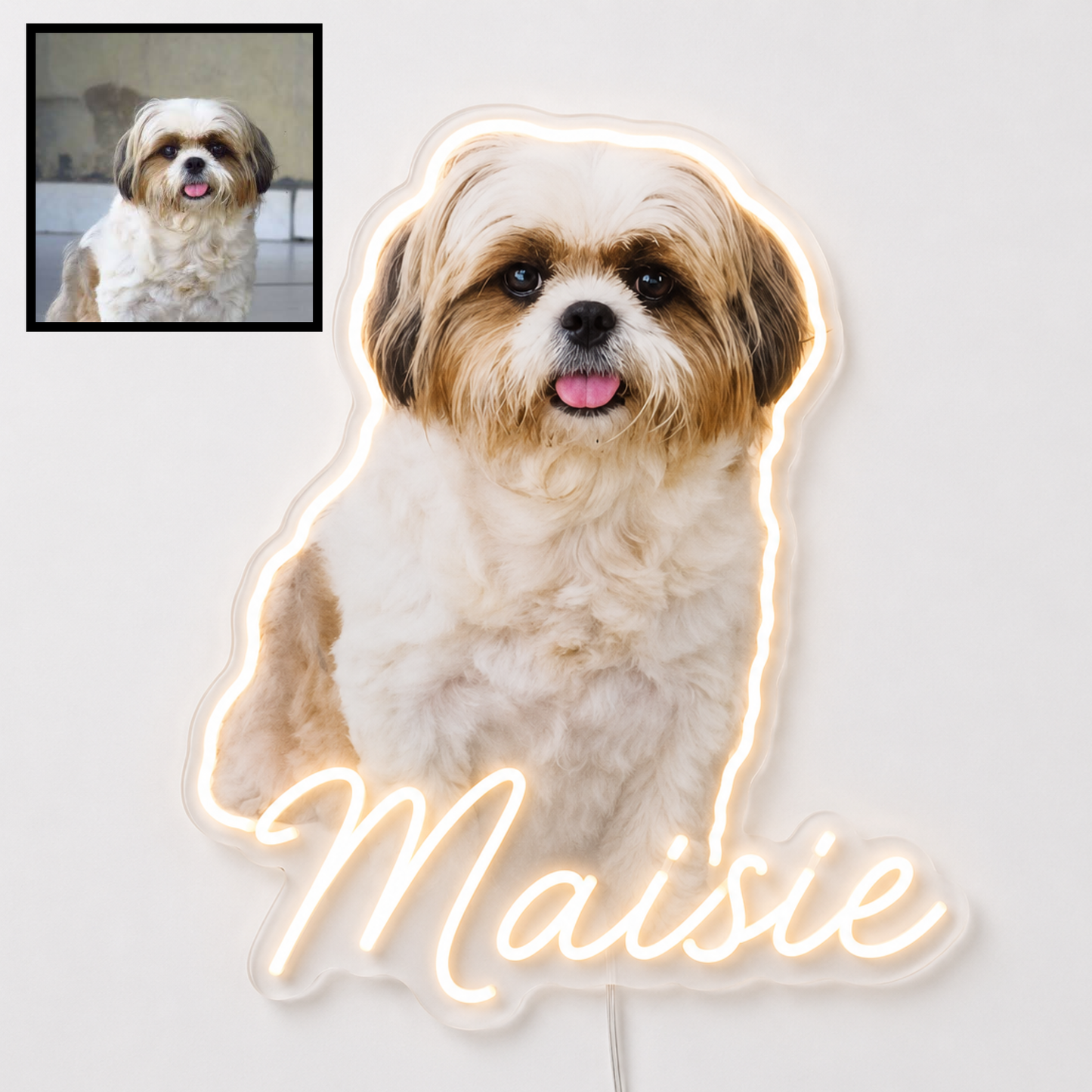 Custom Shih Tzu LED neon sign with personalised dog name on clear acrylic