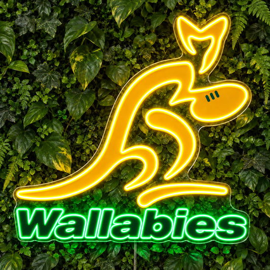 Wallabies Australia Rugby LED Neon Sign, featuring team logo displayed on a green foliage wall.