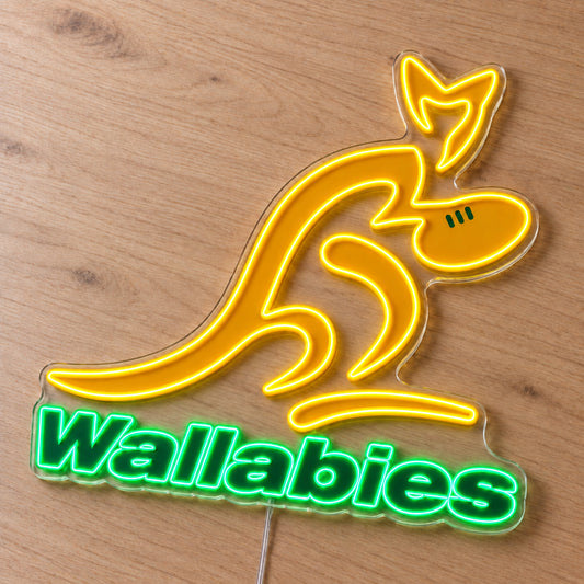 Wallabies Australia Rugby LED Neon Sign, featuring team logo displayed on a wooden surface.