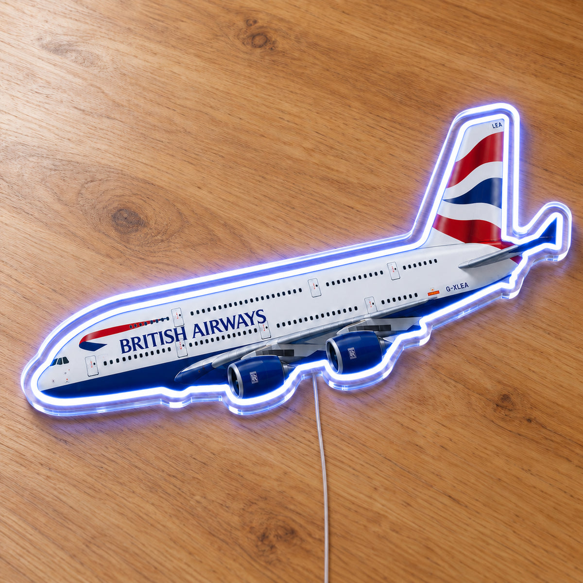 Airbus A380 British Airways Neon Sign with printed aircraft details and an illuminated LED outline on clear acrylic, shown on a wooden surface, registration G-XLEA